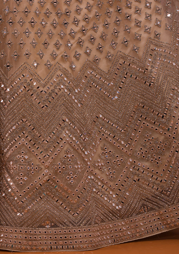 Beige Mirrorwork Net Designer Lehenga-Koskii