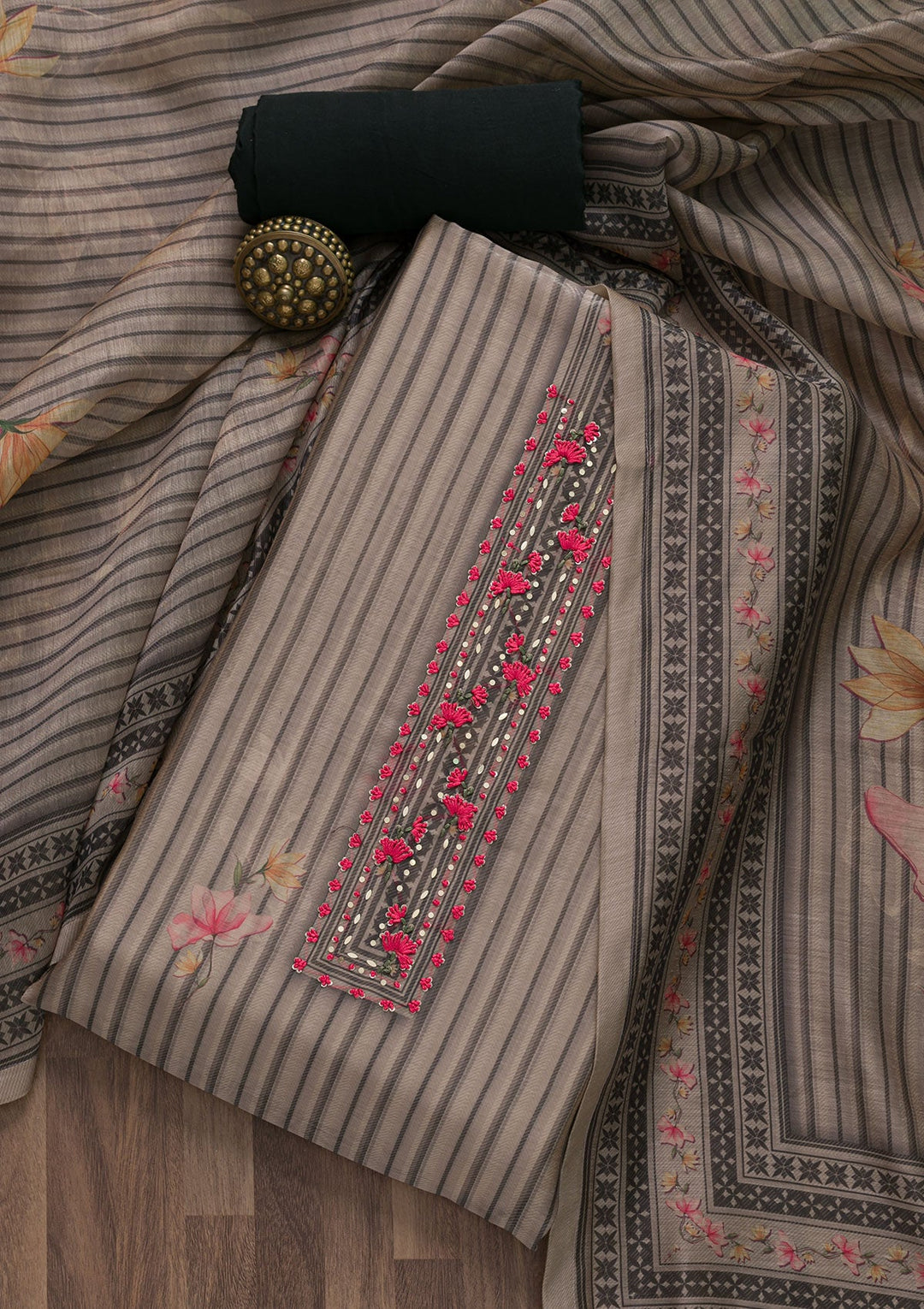 Beige Printed Chanderi Unstitched Salwar Suit-Koskii
