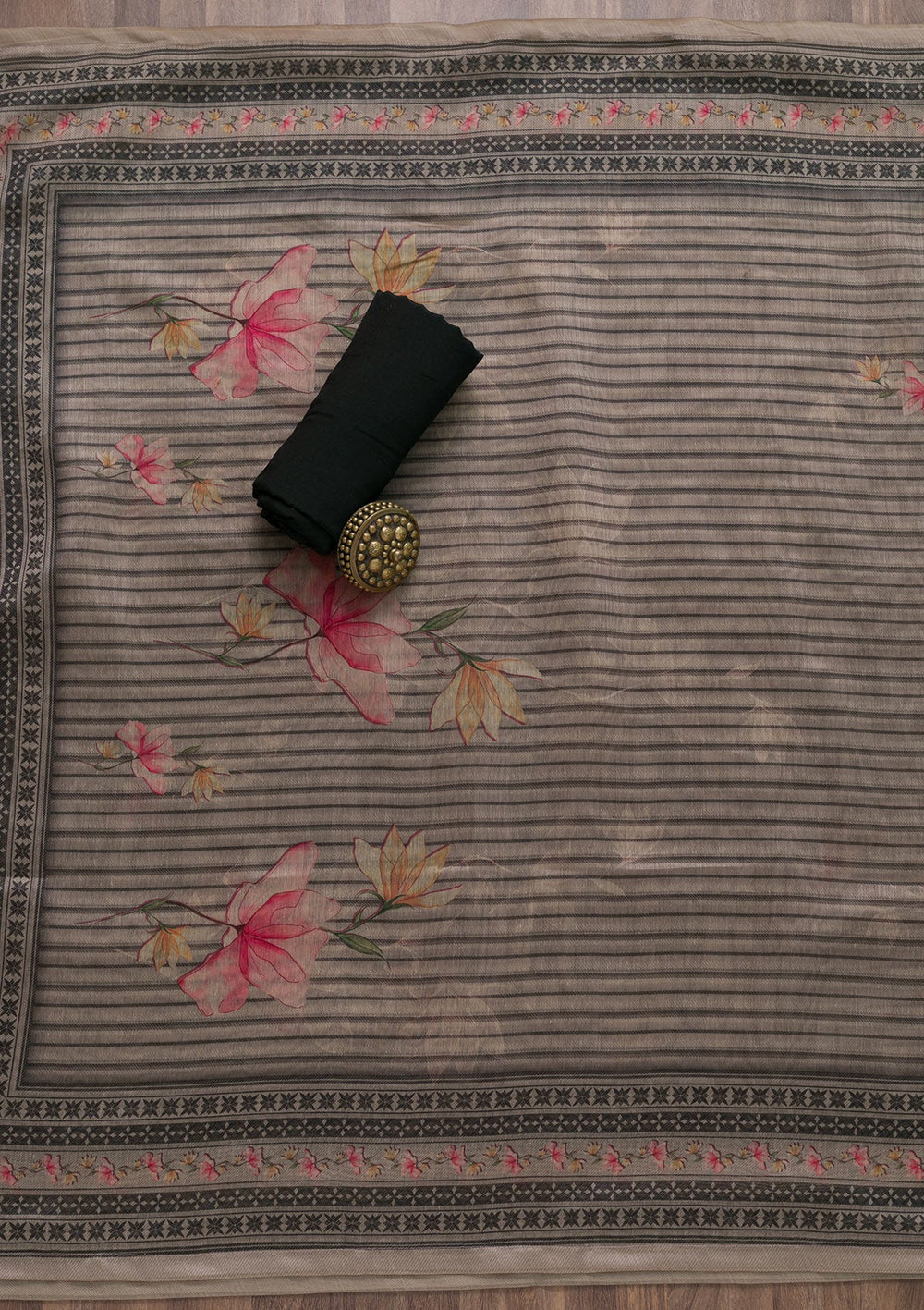 Beige Printed Chanderi Unstitched Salwar Suit-Koskii