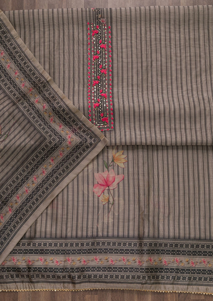 Beige Printed Chanderi Unstitched Salwar Suit-Koskii