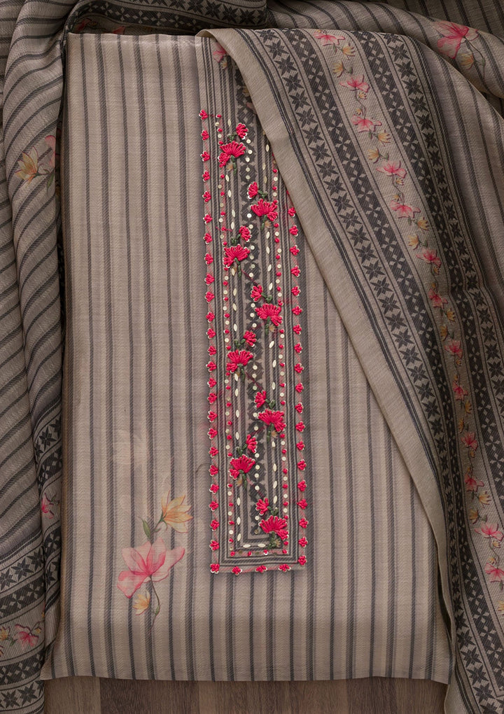 Beige Printed Chanderi Unstitched Salwar Suit-Koskii
