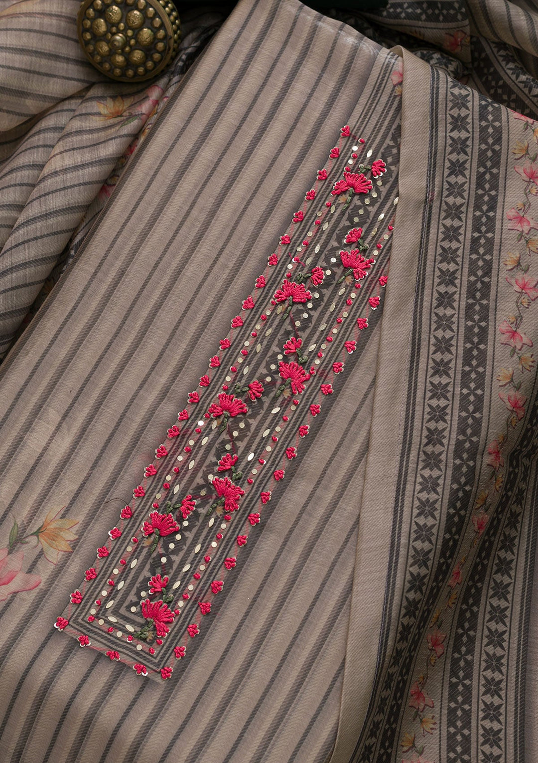 Beige Printed Chanderi Unstitched Salwar Suit-Koskii
