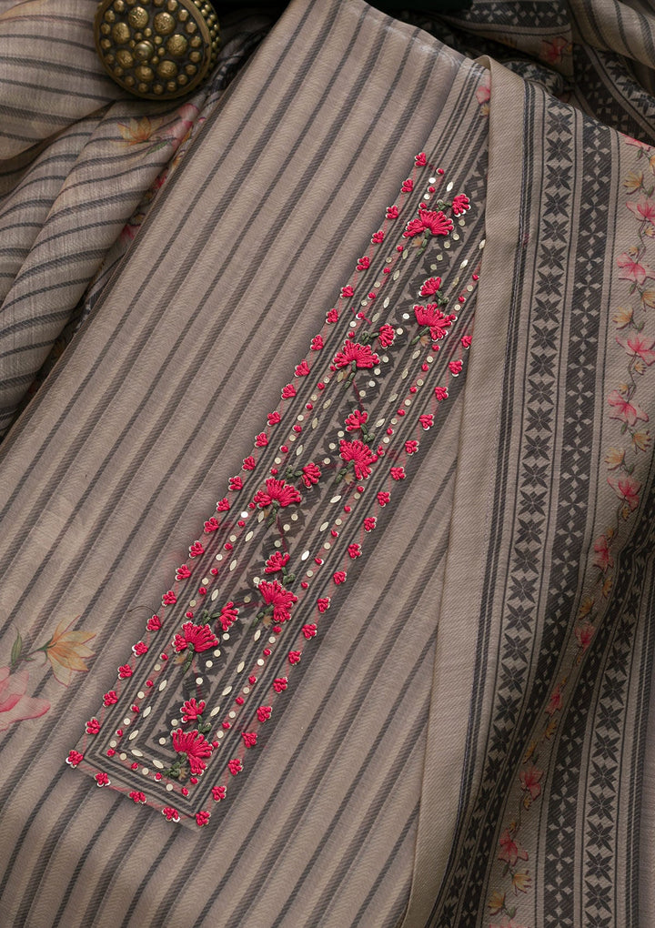 Beige Printed Chanderi Unstitched Salwar Suit-Koskii