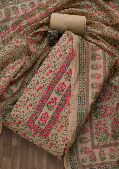 Beige Printed Semi Crepe Semi-Stitched Salwar Suit-Koskii