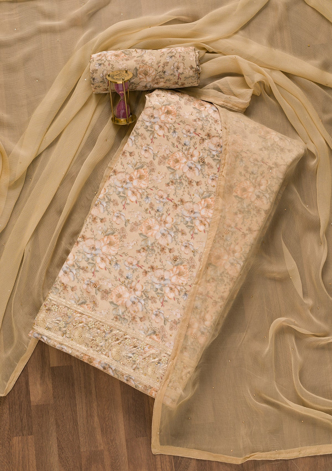 Beige Printed Semi Crepe Unstitched Salwar Kameez-Koskii