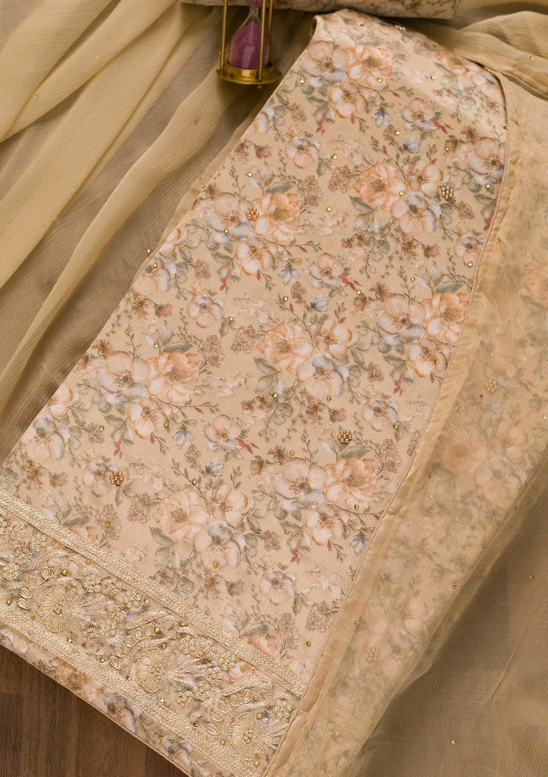 Beige Printed Semi Crepe Unstitched Salwar Kameez-Koskii