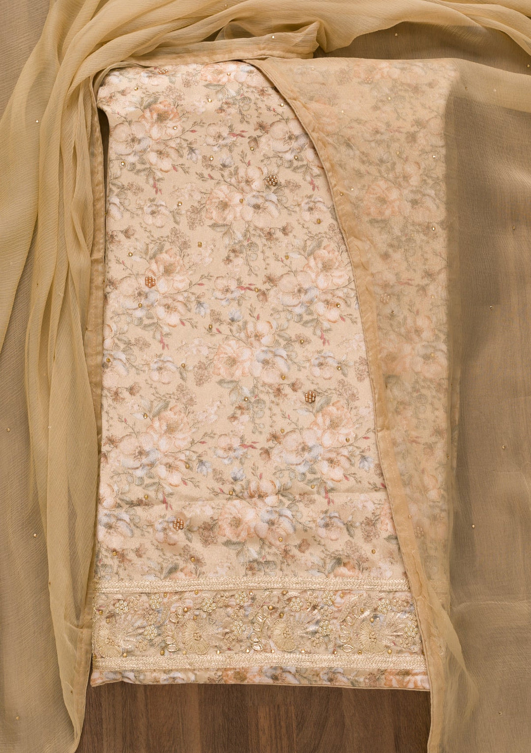 Beige Printed Semi Crepe Unstitched Salwar Kameez-Koskii