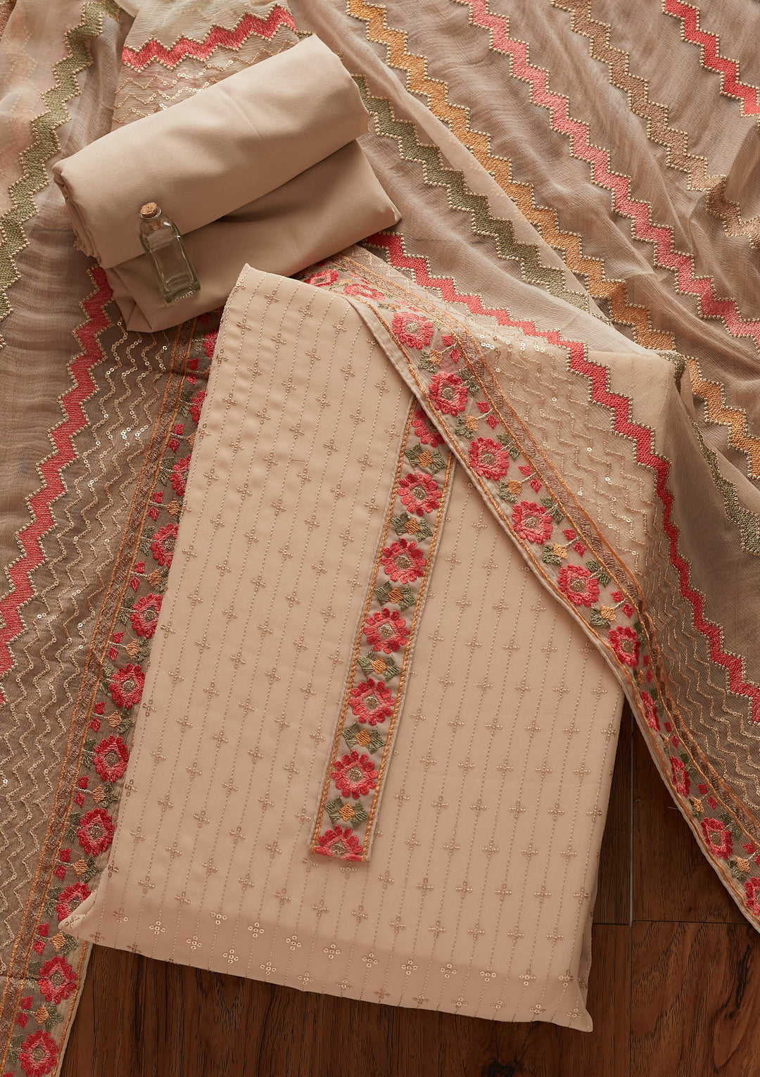 Beige Sequins Georgette Designer Unstitched Salwar Suit - koskii