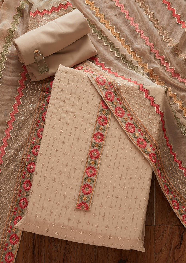 Beige Sequins Georgette Designer Unstitched Salwar Suit - koskii