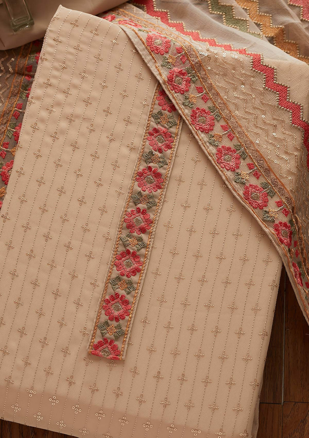 Beige Sequins Georgette Designer Unstitched Salwar Suit - koskii