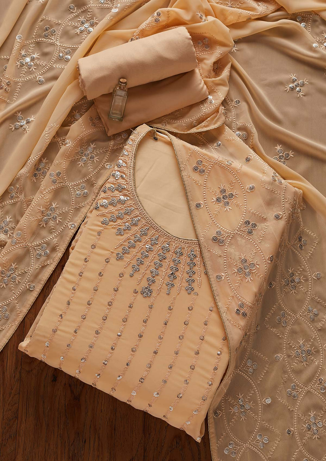 Beige Sequins Georgette Designer Unstitched Salwar Suit - Koskii