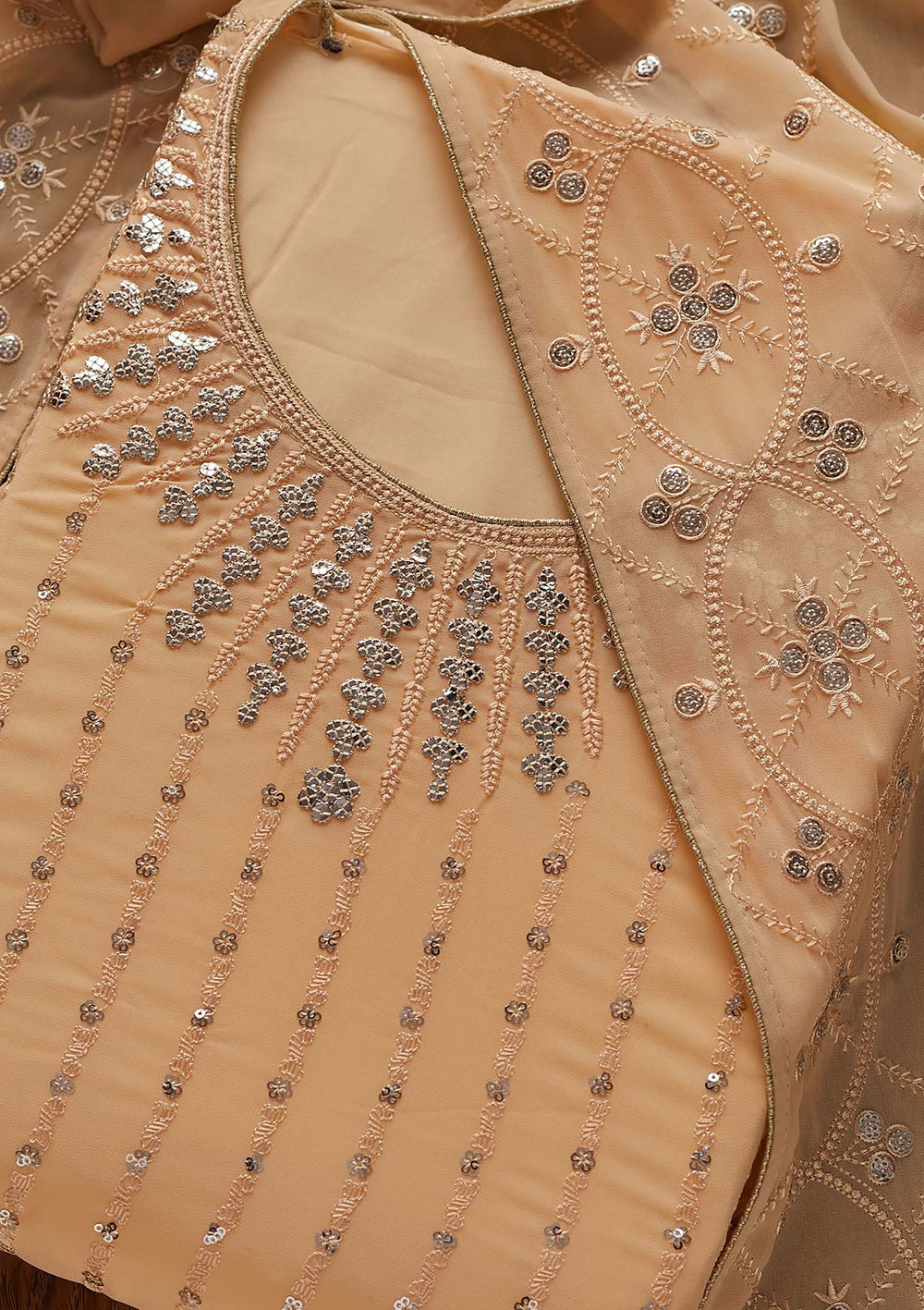 Beige Sequins Georgette Designer Unstitched Salwar Suit - Koskii