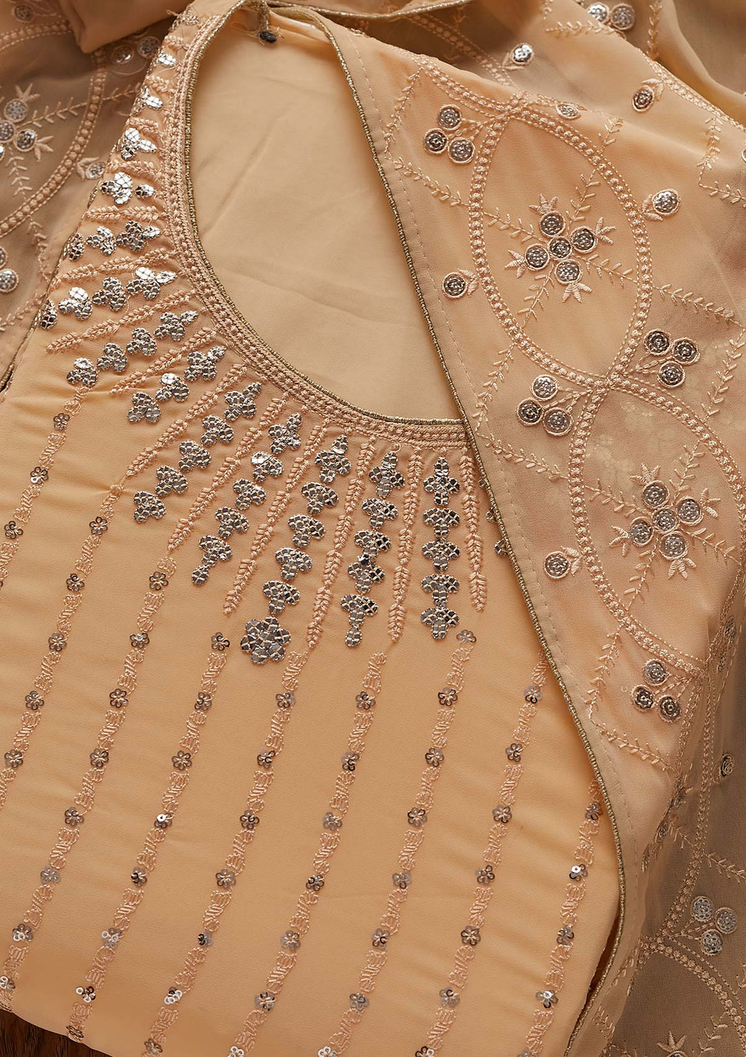 Beige Sequins Georgette Designer Unstitched Salwar Suit - Koskii