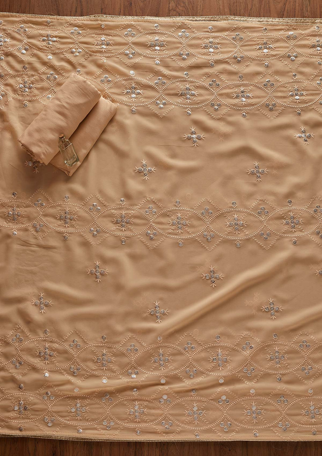 Beige Sequins Georgette Designer Unstitched Salwar Suit - Koskii