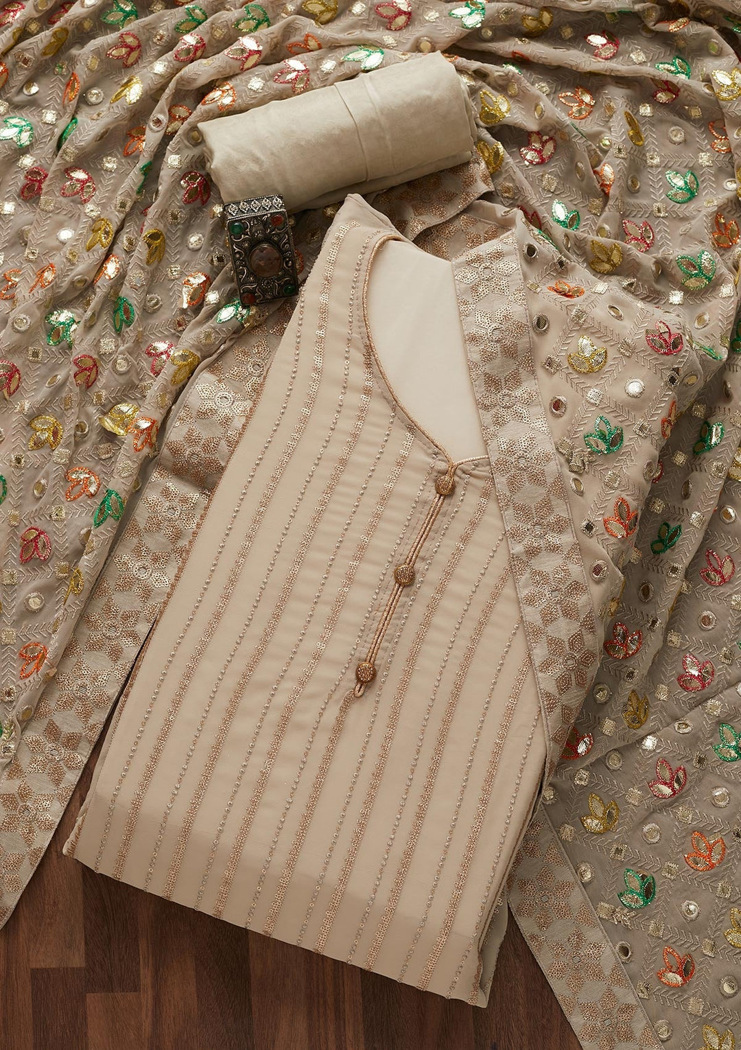 Beige Sequins Georgette Designer Unstitched Salwar Suit - Koskii