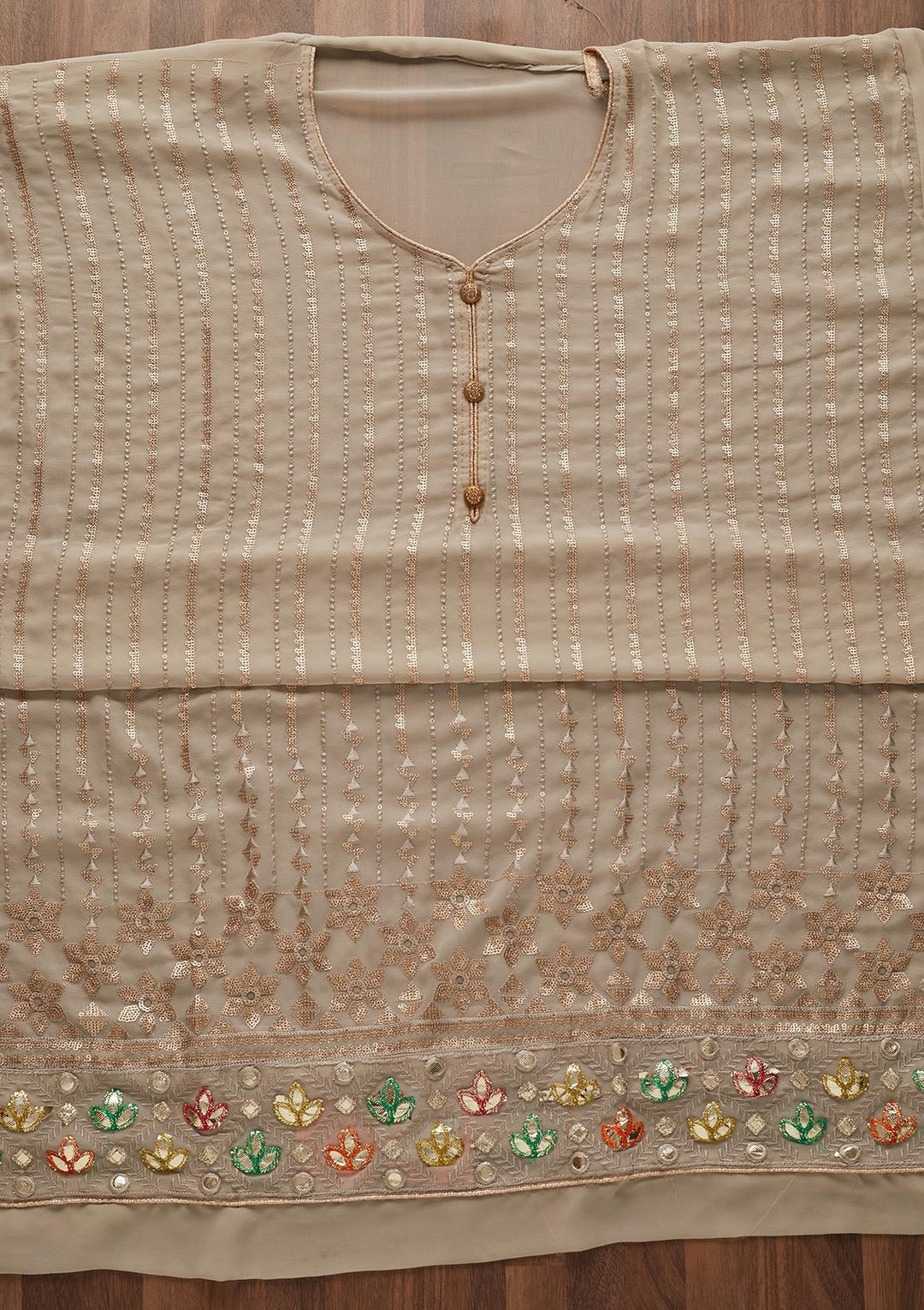 Beige Sequins Georgette Designer Unstitched Salwar Suit - Koskii