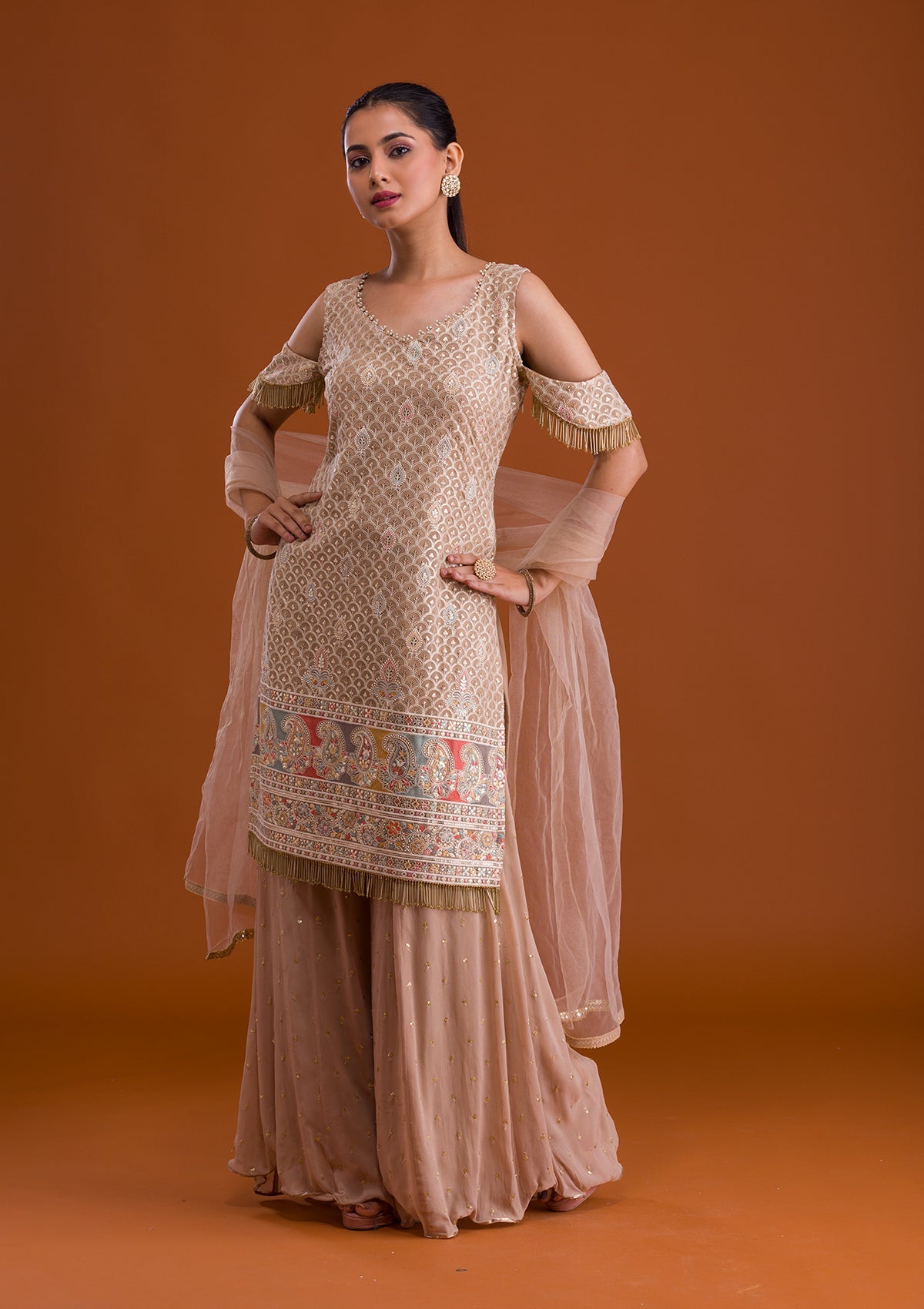 Beige Sequins Georgette Designer Salwar Suit-Koskii