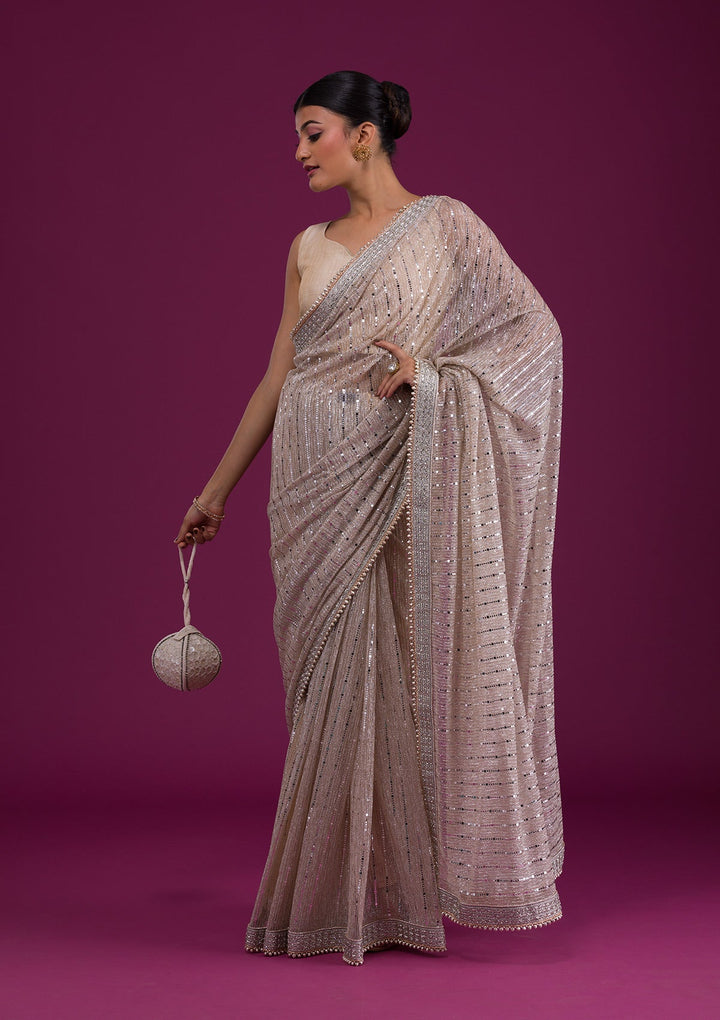 Beige Sequins Net Saree-Koskii