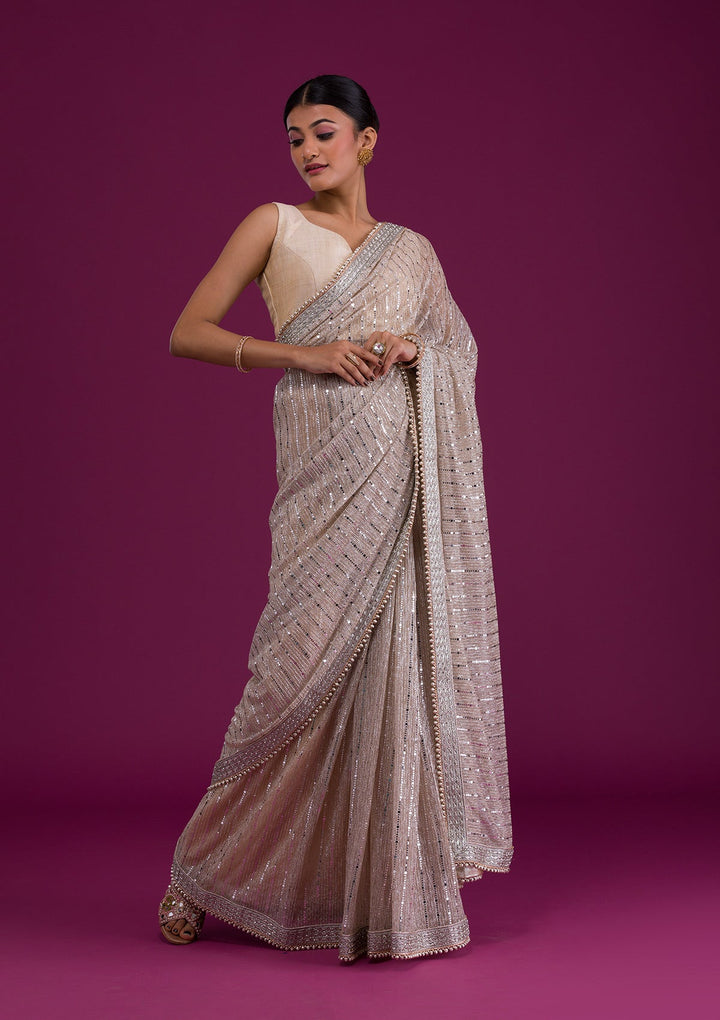 Beige Sequins Net Saree-Koskii