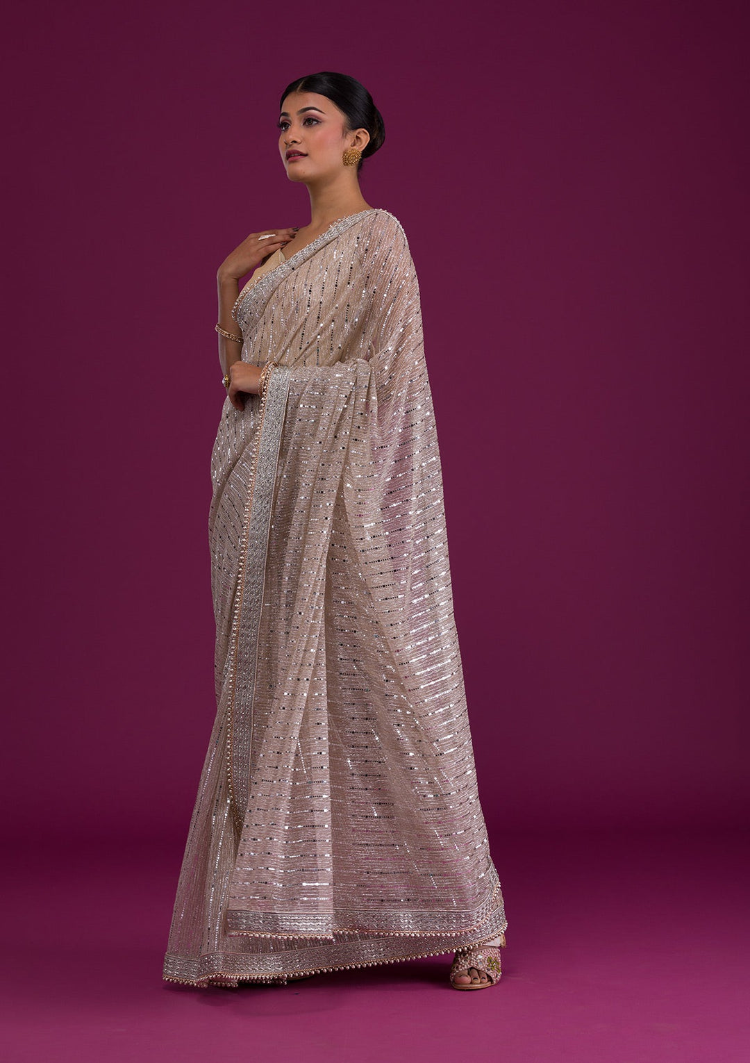 Beige Sequins Net Saree-Koskii