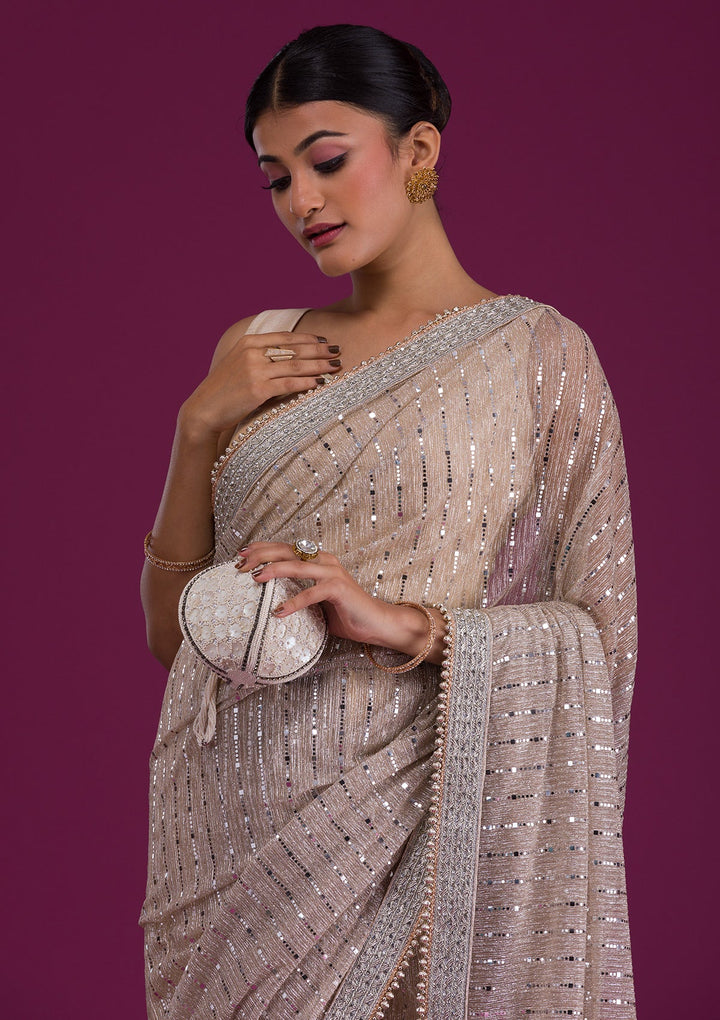 Beige Sequins Net Saree-Koskii
