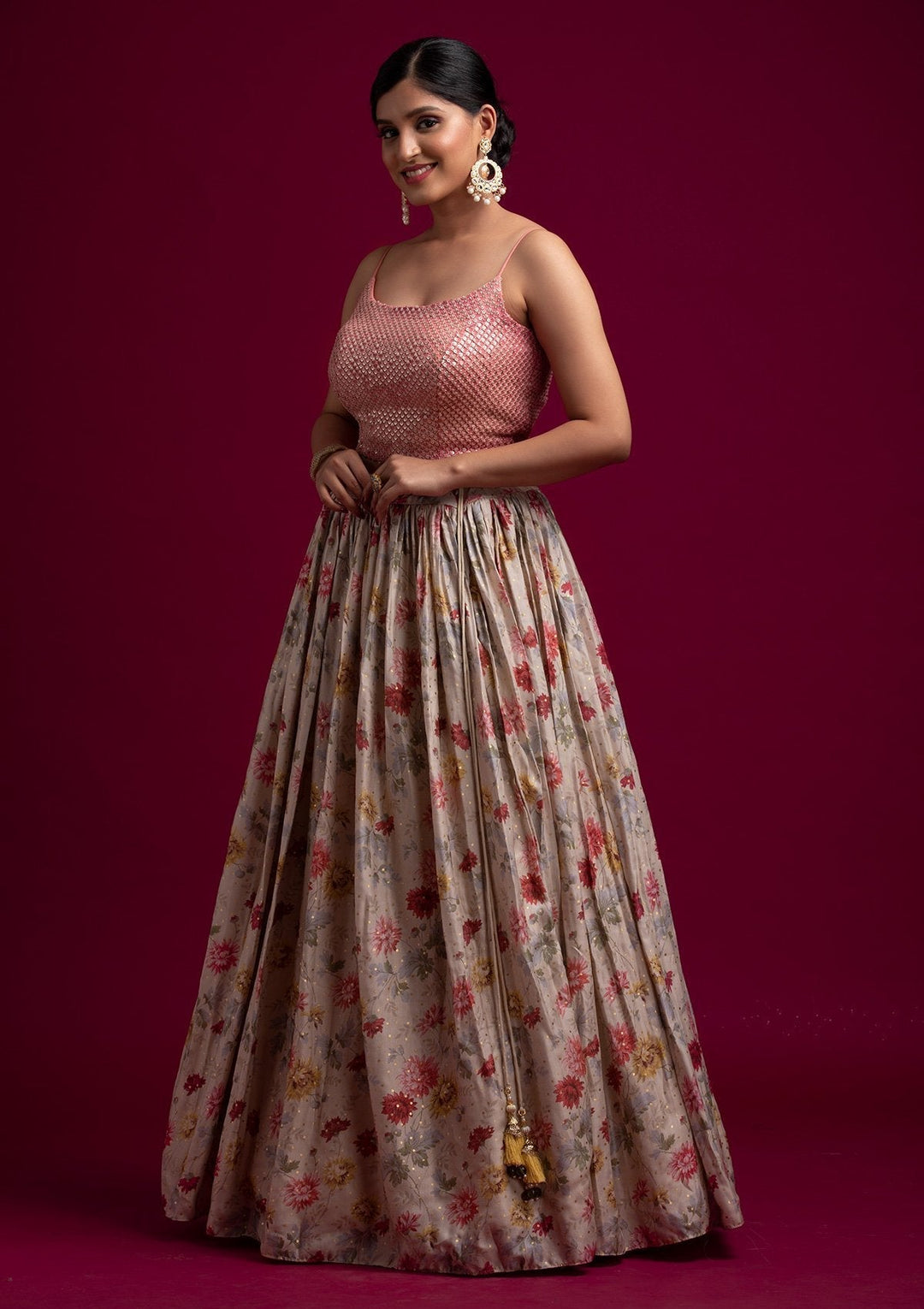 Beige Sequins Satin Designer Lehenga - koskii