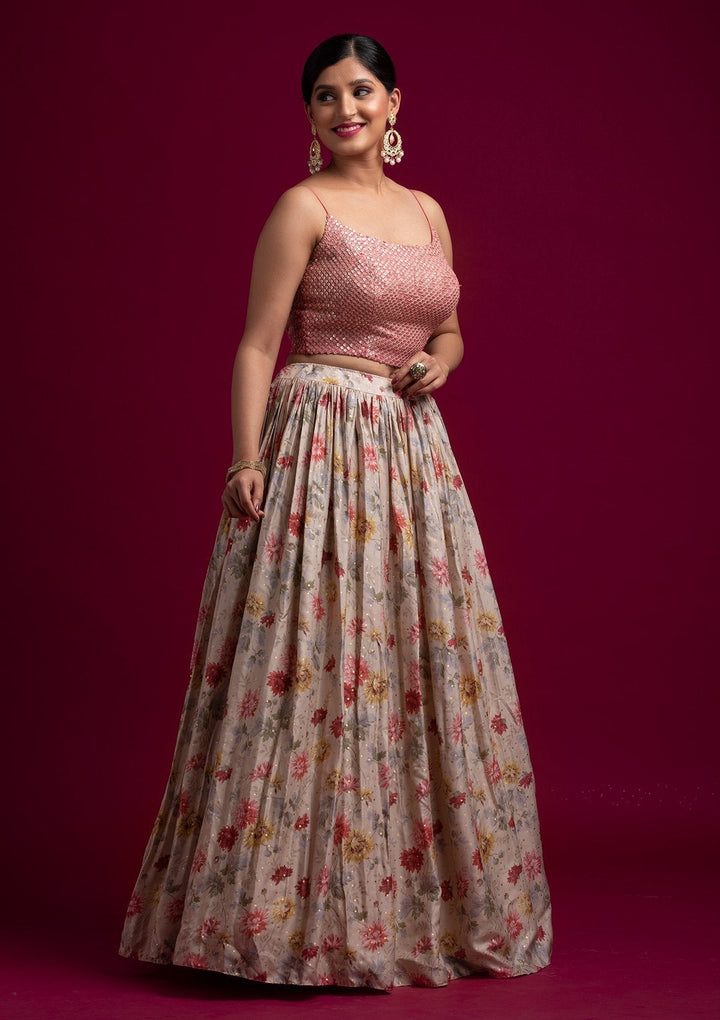 Beige Sequins Satin Designer Lehenga - koskii