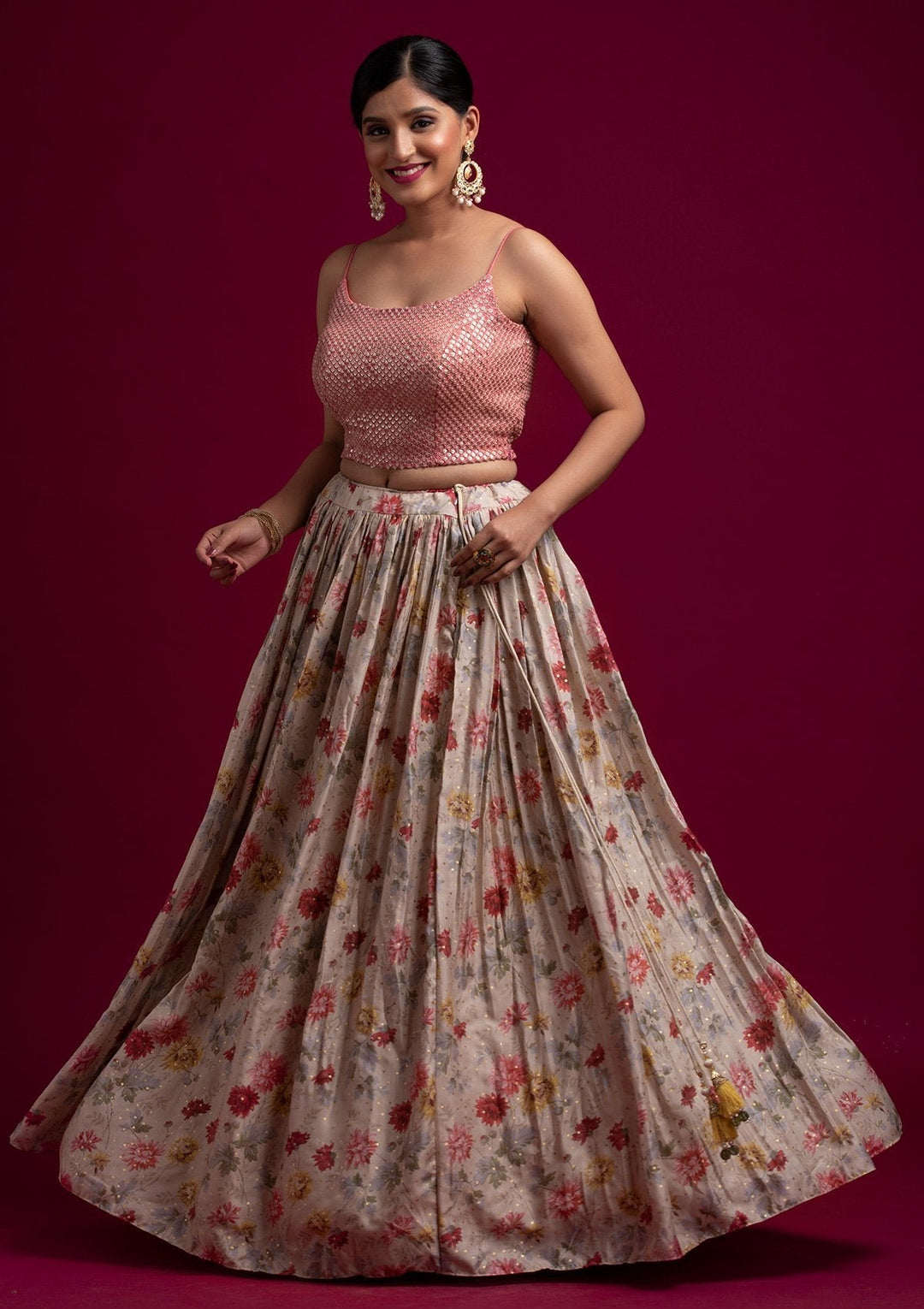 Beige Sequins Satin Designer Lehenga - koskii