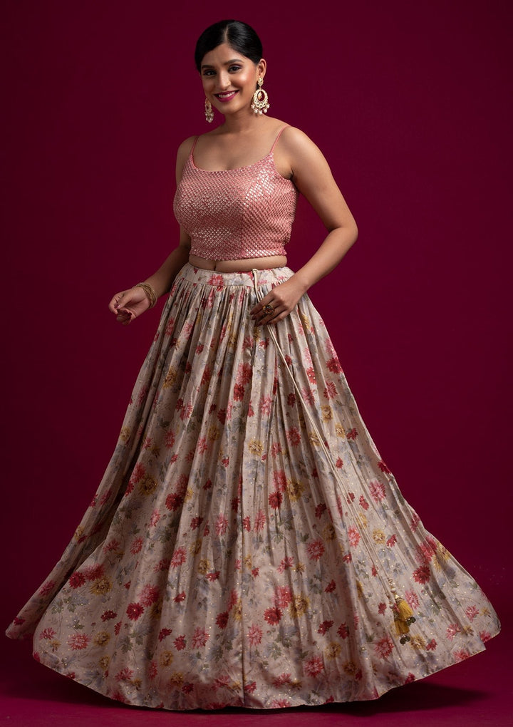 Beige Sequins Satin Designer Lehenga - koskii