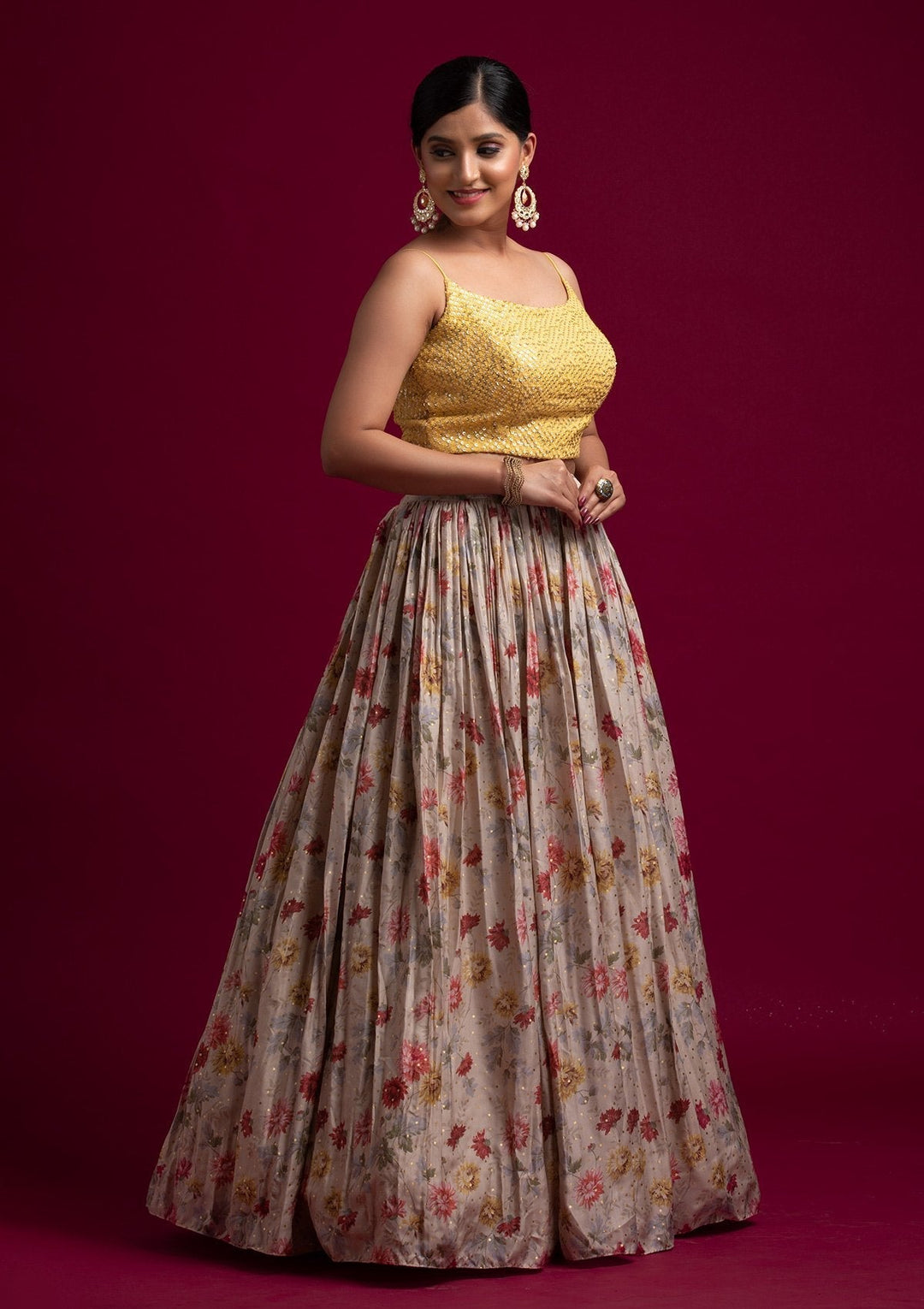 Beige Sequins Satin Designer Lehenga - koskii