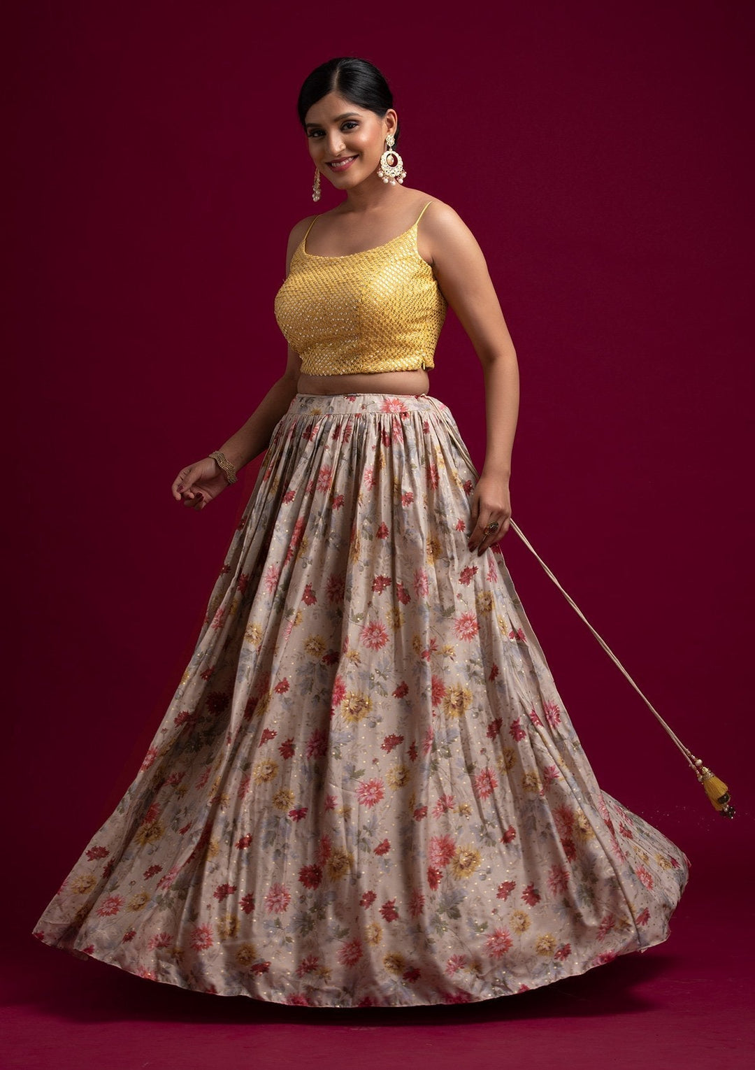 Beige Sequins Satin Designer Lehenga - koskii