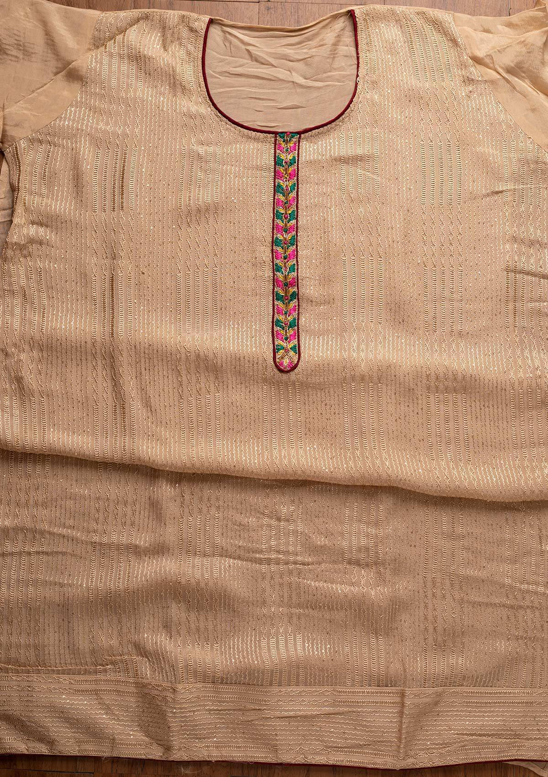 Beige Sequins Semi Crepe Designer Semi-Stitched Salwar Suit - koskii