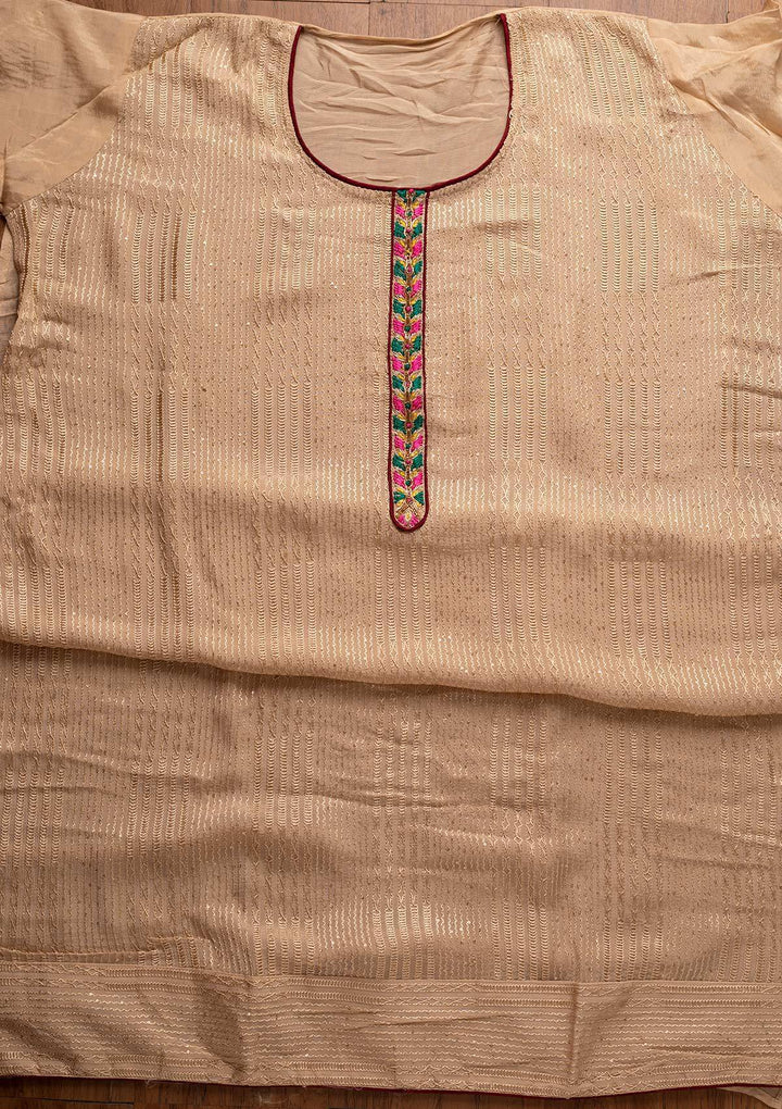 Beige Sequins Semi Crepe Designer Semi-Stitched Salwar Suit - koskii