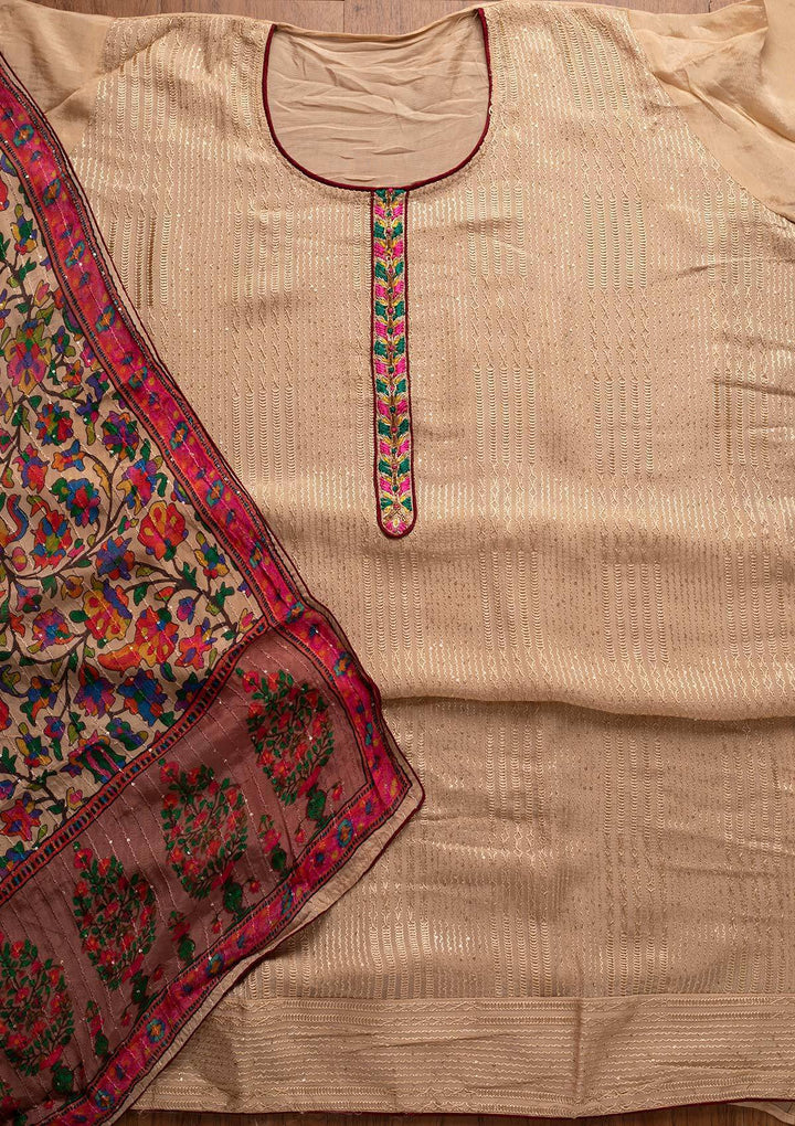 Beige Sequins Semi Crepe Designer Semi-Stitched Salwar Suit - koskii