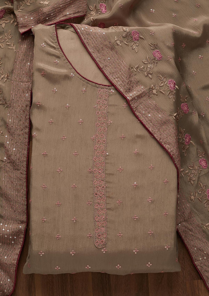 Beige Sequins Semi Crepe Semi-Stitched Salwar Suit-Koskii