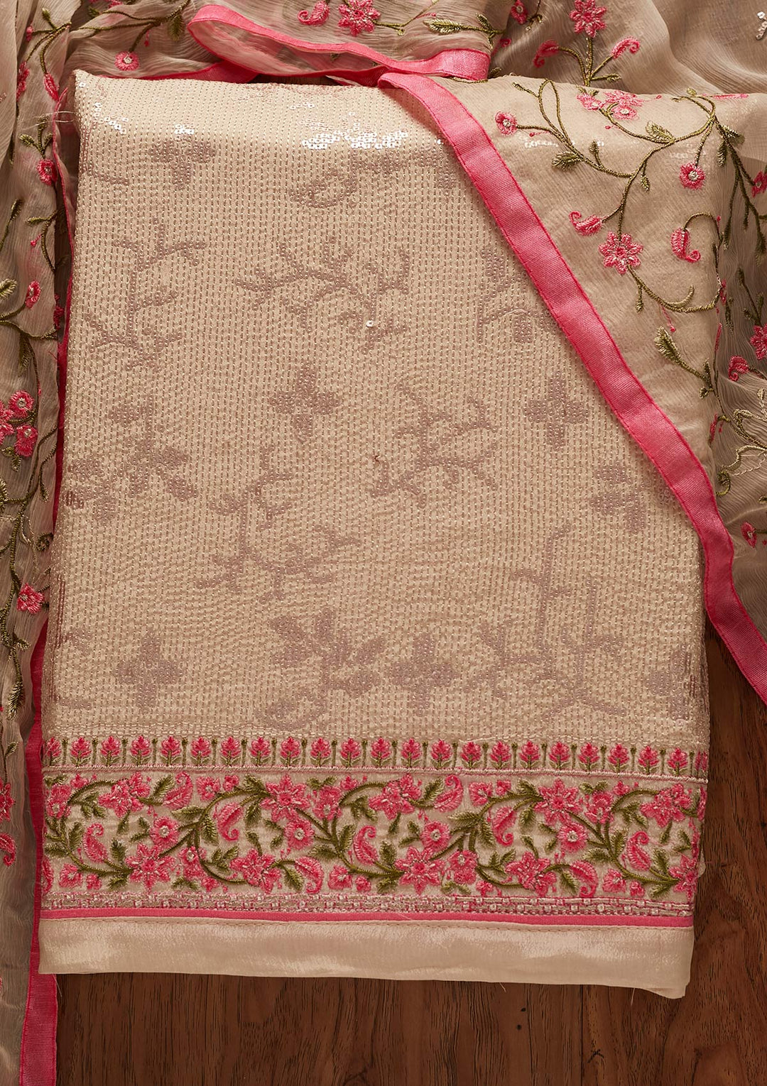 Beige Sequins Semi Crepe Designer Unstitched Salwar Suit - koskii