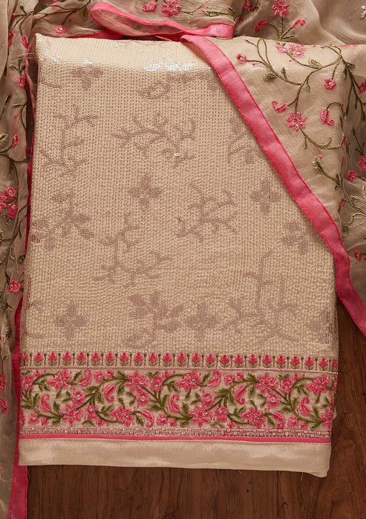Beige Sequins Semi Crepe Designer Unstitched Salwar Suit - koskii