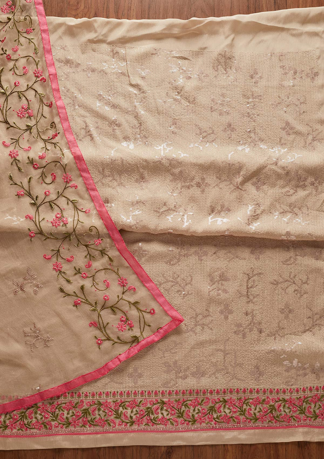 Beige Sequins Semi Crepe Designer Unstitched Salwar Suit - koskii
