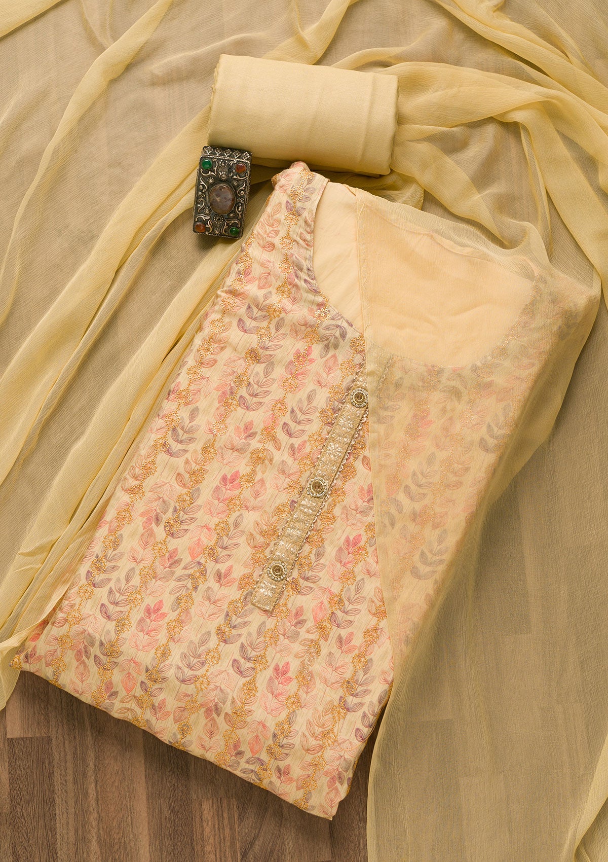 Beige Sequins Semi Crepe Unstitched Salwar Suit-Koskii