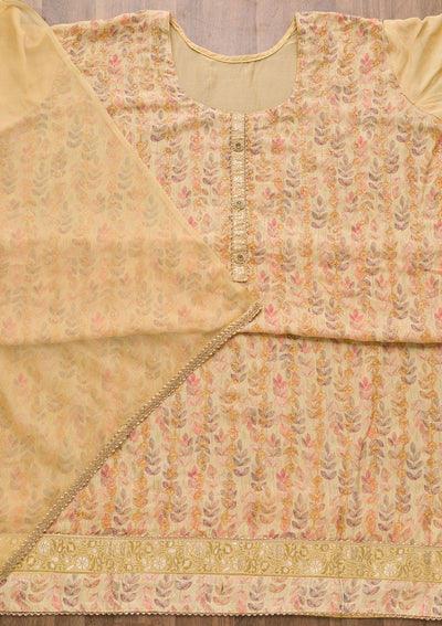 Beige Sequins Semi Crepe Unstitched Salwar Suit-Koskii