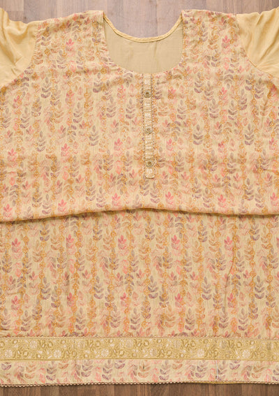 Beige Sequins Semi Crepe Unstitched Salwar Suit-Koskii