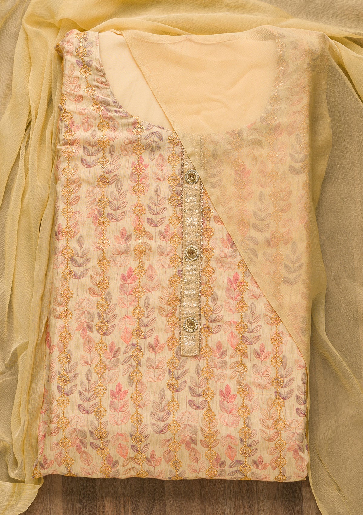 Beige Sequins Semi Crepe Unstitched Salwar Suit-Koskii