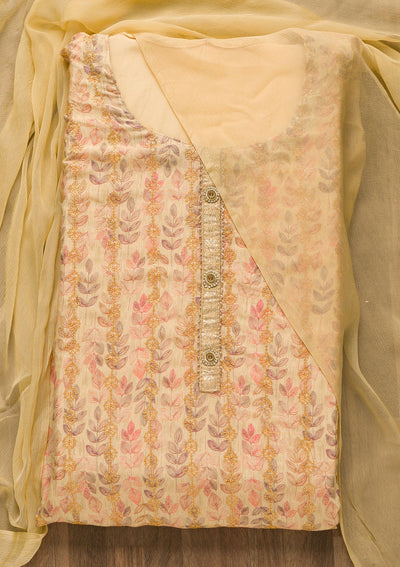 Beige Sequins Semi Crepe Unstitched Salwar Suit-Koskii