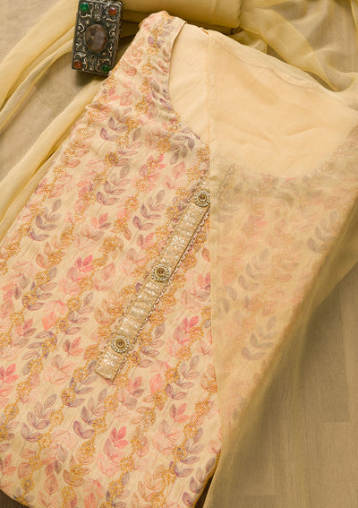 Beige Sequins Semi Crepe Unstitched Salwar Suit-Koskii