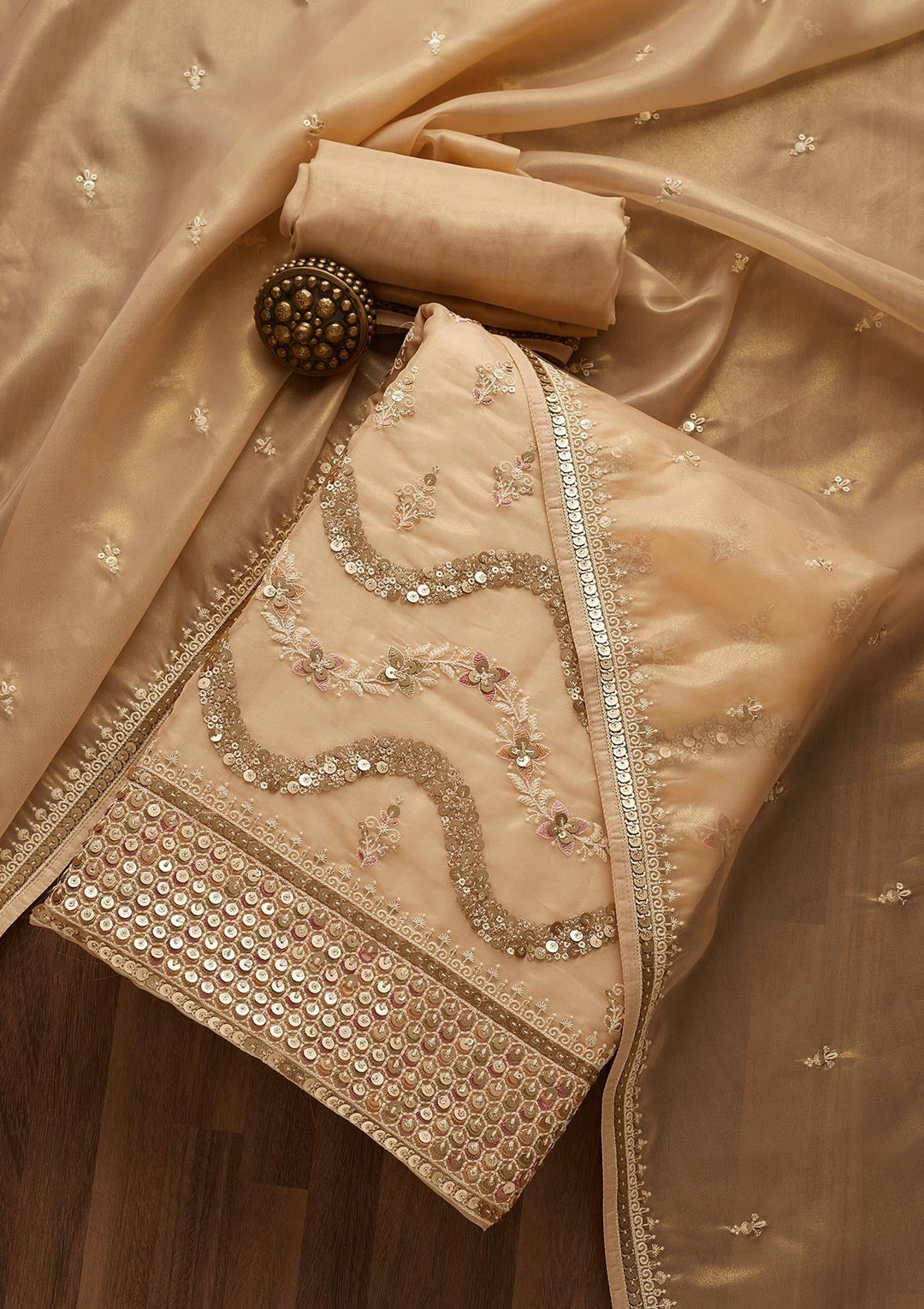 Beige Sequins Organza Unstitched Salwar Suit-Koskii