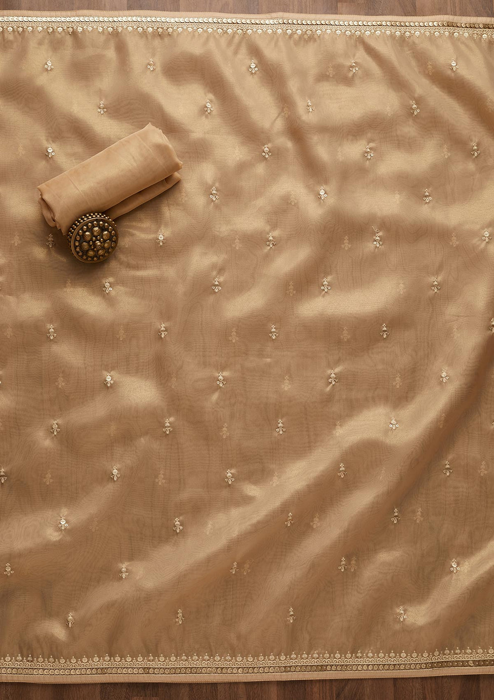 Beige Sequins Organza Unstitched Salwar Suit-Koskii