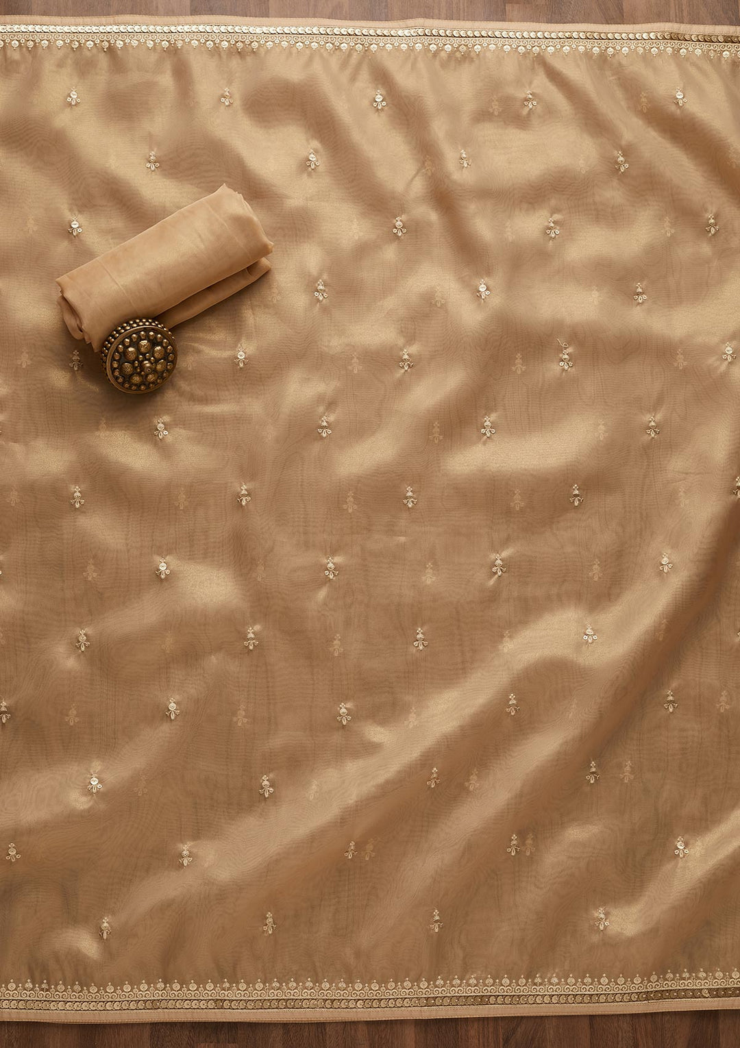 Beige Sequins Organza Unstitched Salwar Suit-Koskii