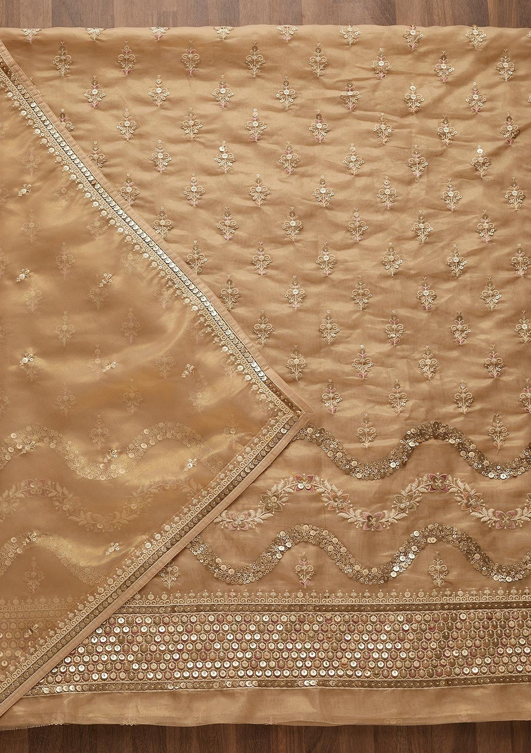 Beige Sequins Organza Unstitched Salwar Suit-Koskii