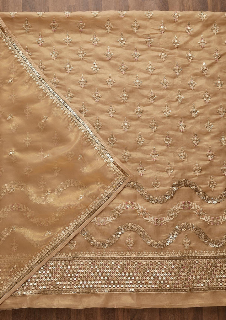 Beige Sequins Organza Unstitched Salwar Suit-Koskii