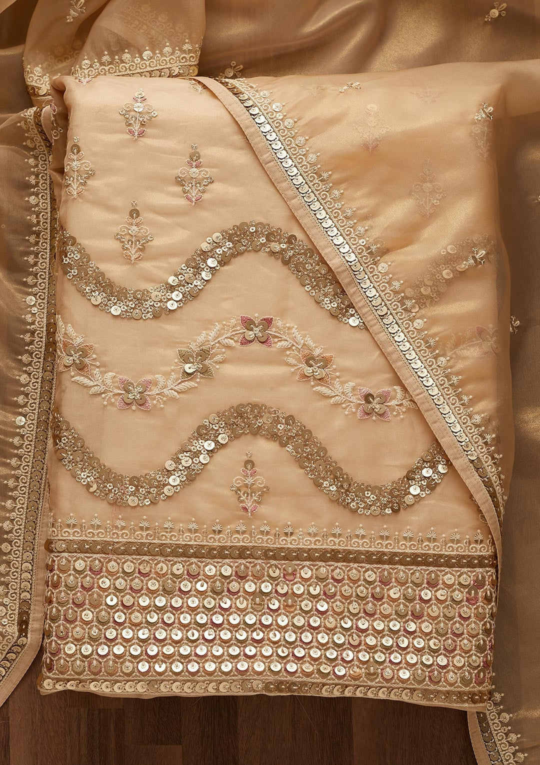 Beige Sequins Organza Unstitched Salwar Suit-Koskii
